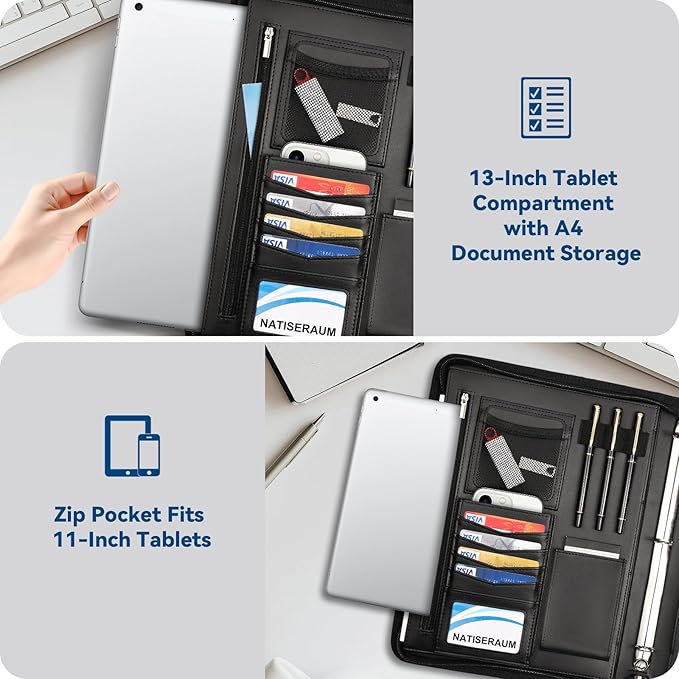 Portfolio Binder 3 Ring Includes Pen and 5 Dividers with 10 Pockets, Padfolio Organizer with Zipper for Men and Women, Includes A4 Notepad for Business, School, Work