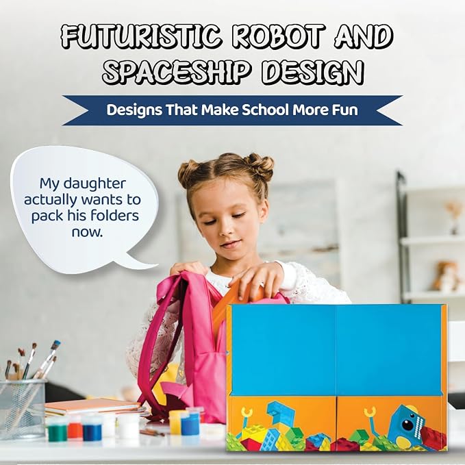 8 Kids Pocket Folders - Homework Folders in Futuristic Robots, Spaceships and Blocks Themes - Kids Folders with Pockets -8 Unique Designs in Front and Back Cover- 2 x 9.25 inch (8 Pack)