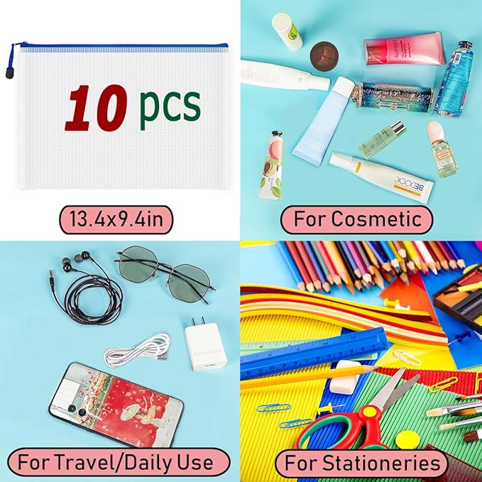 10 Pcs Zipper File Bags, Waterproof Plastic Mesh Pouch for Office School, Board Game Storage Bags (A4 Size 13.4''x9.4'', White and Blue)
