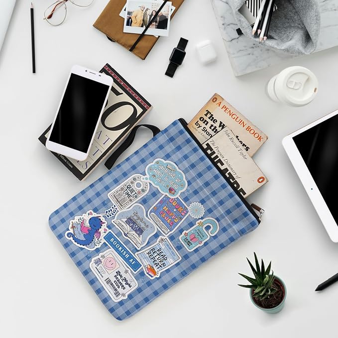 The Fourth Wing Blue Checkered Collage Style Book Covers for Book Lovers with Handle Pocket, Book Club Gifts for Chritsmas, Reading Accessories for Women Friends Reader Bookish