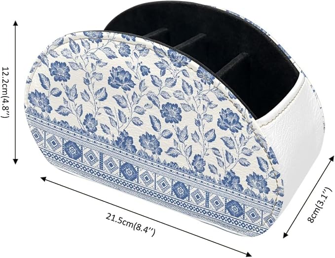Blue and White Flower Office Desk Organizers with 5 Compartments, Remote Control Holder Desktop/TV Stand/Nightstand Remote Caddy,for Glasses/Cosmetic Brushs/Pens