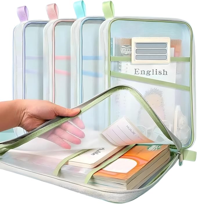 Nylon Document Bag with Zipper Light Transparent Mesh File Bag Pouch with Strap for Books A4 Documents Organizer (4, Pink&Purple&Green&Blue)