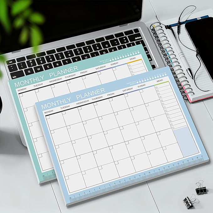 Phyxin Undated Planner, 54 Sheets Blank Calendar, 11.2" x 8.3" Monthly Calendar Planner, Tear Off Undated Monthly Planner with Memo for Women, Students, Teachers, Blue