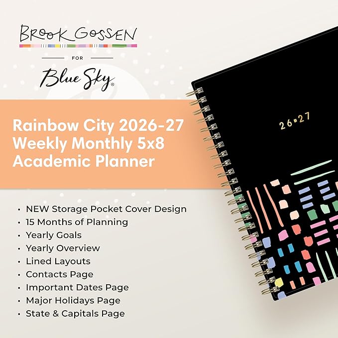 Blue Sky Brook Gossen 15 Month 2026-2027 Weekly and Monthly Academic Year Planner Calendar, April 2026 - June 2027, 5" x 8", Flexible Cover With Zip Pouch, Wirebound, Laminated Tabs, Storage Pocket, Rainbow City