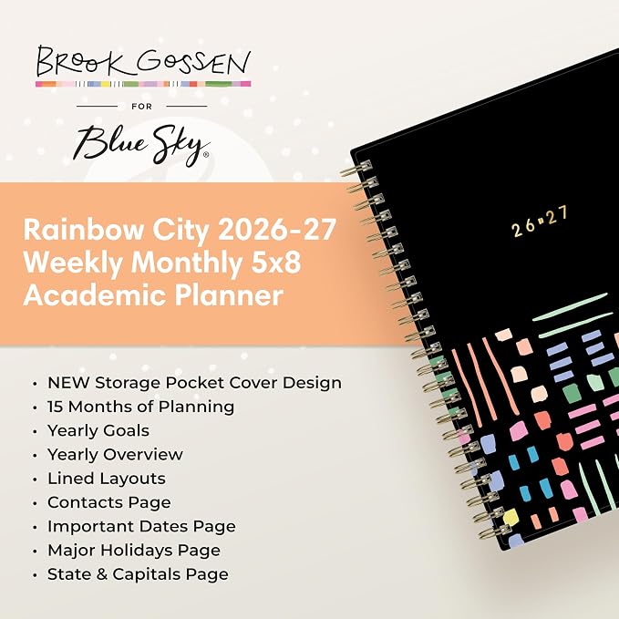 Blue Sky Brook Gossen 15 Month 2026-2027 Weekly and Monthly Academic Year Planner Calendar, April 2026 - June 2027, 5" x 8", Flexible Cover With Zip Pouch, Wirebound, Laminated Tabs, Storage Pocket, Rainbow City