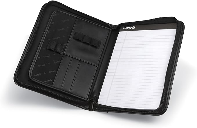 Samsill Professional Padfolio, Faux Leather Junior Portfolio with Zipper, 10.1 Inch Tablet Sleeve, with 7 x 10 Inch Notepad, Black