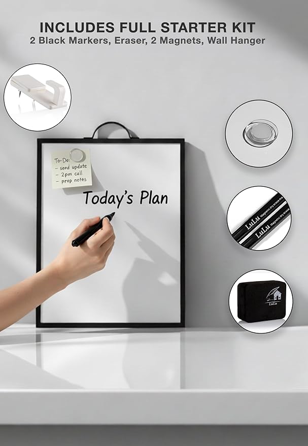 Black Magnetic Dry Erase Whiteboard 12 x 16 Double Sided, Portable Desktop Small White Board with Handle, to Do List Note Board, Write and Wipe for Desk Wall, Includes 2 Markers Eraser 2 Magnets