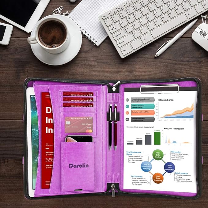 Darolin Zippered Leather Padfolio Portfolio with Hidden Handle and Clipboard, Business Conference Organizer Notepad Folder, Portfolio Bag, Padfolio for Women/Men (Purple)