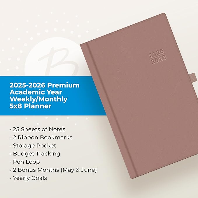 Blue Sky 2025-2026 Weekly and Monthly Academic Year Planner Calendar, July 2025 - June 2026, 5" x 8", Faux Leather Hard Cover, Bookbound, Laminated Tabs, Storage Pocket, Soft Brown