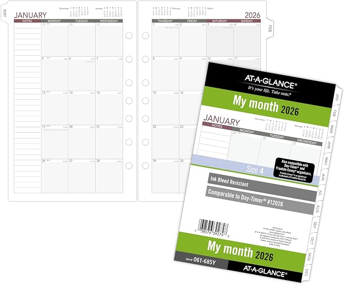 AT-A-GLANCE 2026 Planner Refill, Monthly, 5-1/2" x 8-1/2", Desk Size 4, Loose-Leaf, Unruled Blocks (061-685Y-26)