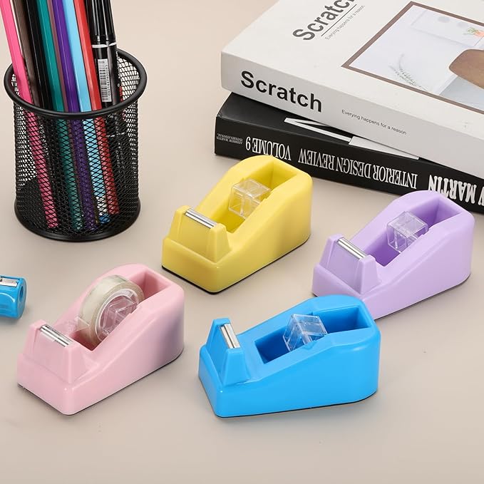 PATIKIL 2pcs Tape Dispenser Desk, Small Tape Dispenser Cute Desktop Dispenser Holder for Tape Office Desktop, Yellow Orange