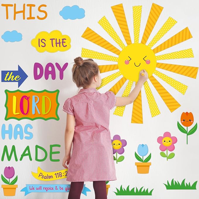 Fuyoooo 150 Pcs Spring Christian Bulletin Board Set Sunday School Bulletin Board Inspired Religious Classroom Decoration for Teacher Sunday School VBS Bible Church Summer Wall Decor(Bright Colors)