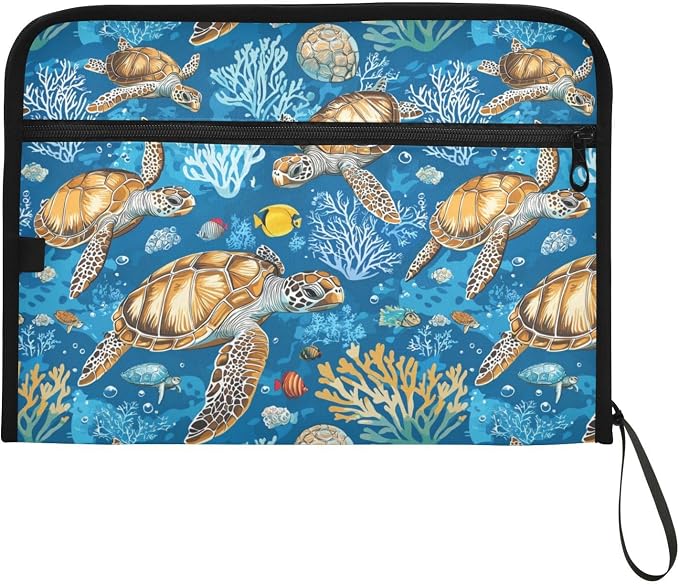 Sea Turtle Fish File Folders, Plastic Folders with 13 Pockets, Expandable File Folder for Documents School Students Office, Aesthetic Folder with Labels A4 Letter Size