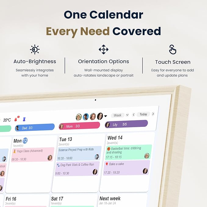 15.6-Inch Smart Digital Calendar & Photo Frame for Family, Wall Planner with Light Wood Frame, Auto-Sync to Apple, Google & Outlook, Touchscreen Display with Chore Chart, To-Do Lists & Meal Planner, No Subscription