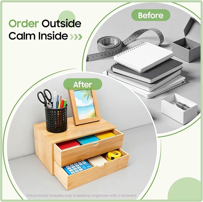 Desk Organizer, Office Vanity Bamboo Desk Organizer, Mini Bamboo Desk Drawer Tabletop Storage Box with 2 Drawer Night Stand Table Organizer for Makeup Vanity Office Supplies (2 Drawer)