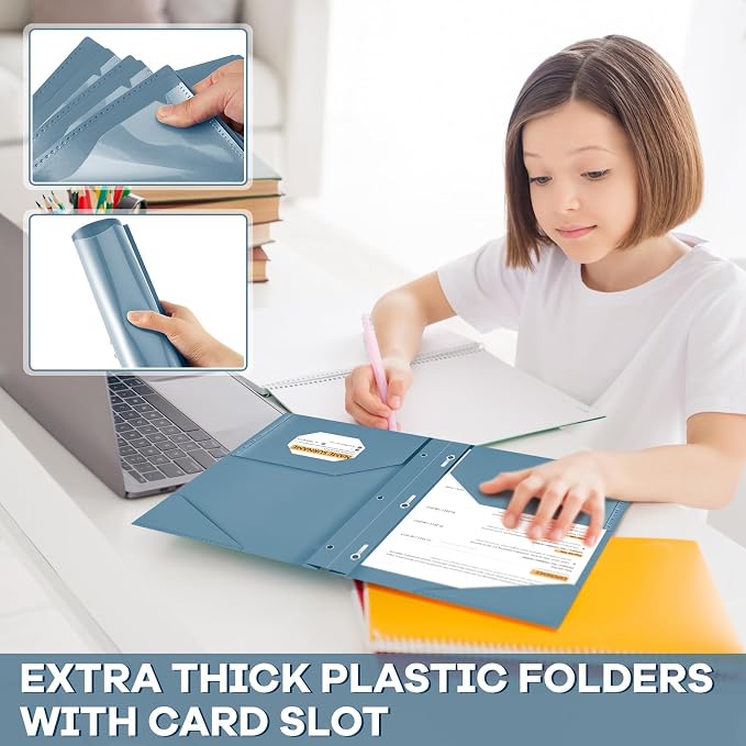 Henoyso 72 Pcs Plastic Folder with Clear Front Pocket and 3 Prong Plastic Folders with Card Slot Pocket Folders with Prongs for School Office (Navy Blue)
