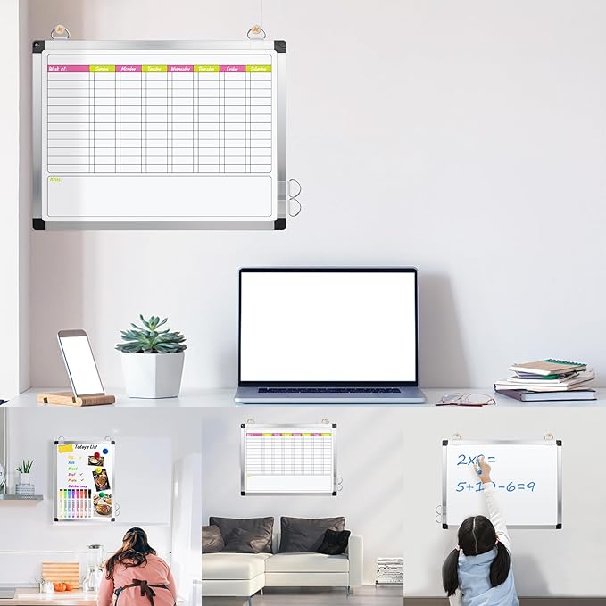 EAONE 16 x 12 in Magnetic Dry Erase Chore Chart Whiteboard for Kids/Teens/Adults, Double Sided Chore Board Weekly Calendar for Wall with Aluminum Frame, 8 Markers, 4 Magnets & 1 Eraser, Colored