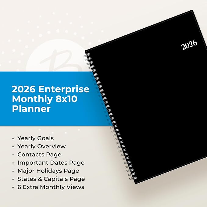 Blue Sky 2026 Monthly Planner Calendar, January 2026 - December 2026, 8" x 10", Monthly Layout, Flexible Cover, Silver Wirebound, Laminated Tabs, Enterprise