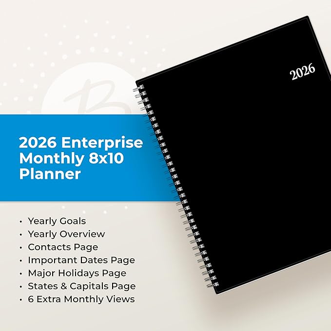 Blue Sky 2026 Monthly Planner Calendar, January 2026 - December 2026, 8" x 10", Monthly Layout, Flexible Cover, Silver Wirebound, Laminated Tabs, Enterprise