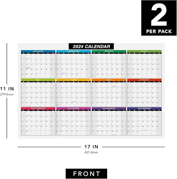 2024 Full Desk Calendar - 11 x 17” Large Size 12 Month Planner - 2 Sided Vertical/Horizontal Reversible - Printed on Thick & Durable 80lb Cardstock (216 gsm) - 2 Per Pack