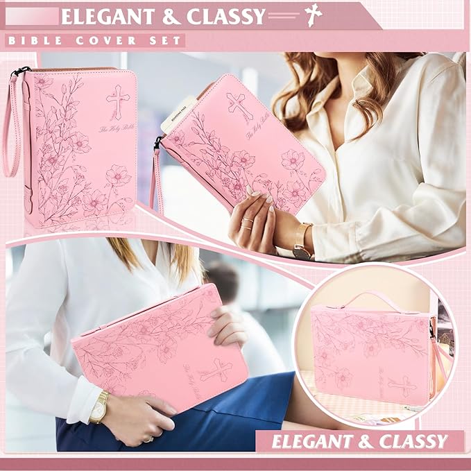 Bible Cover Case for Women Pink Leather Floral Bible Storage Bag with Highlighters Tabs for Girls Bible Study Supplies Accessories Christian Gifts