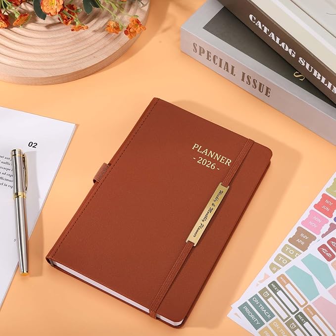 Tiankool Planner 2026, Jan 2026 - Dec 2026 Weekly Monthly Planner with Stickers, Elastic Closure, Inner Pocket, Round Corner, 5.8" x 8.25" - Brown
