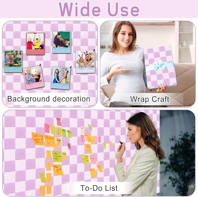 Purple Checked Bulletin Board Roll Reusable Waterproof Erasable Pastel Purple Background Poster Non-Woven Fabric Bulletin Board Roll for Back to School Classroom Decor Wrapping Paper 15.55" x 12ft