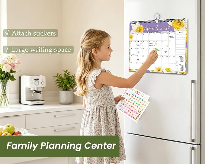 AECCN Calendar 2026-2027, 18 Months Calendars, 14.4" x 11.4", Thick Paper, Anti Ink Bleed and Transparent Cover, Wall Calendar 2026-2027 with Stickers for Home, school, Office Planning-Flower