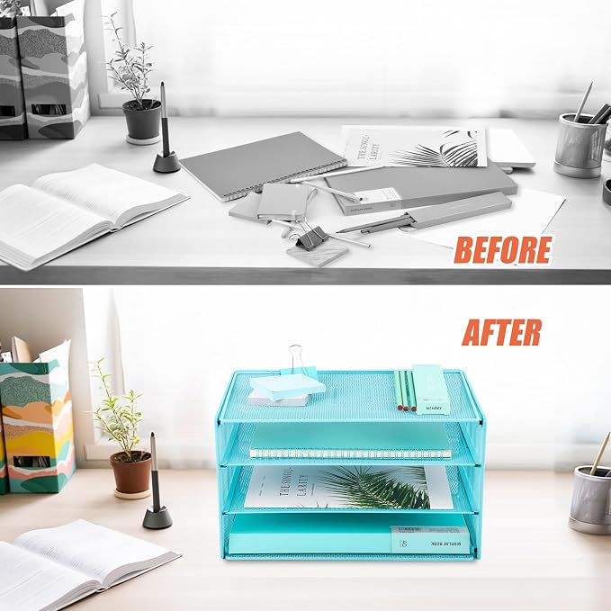 EASEPRES Paper Organizer Tray, 3 Tier Mesh Desk File Organizer Letter Sorter Holder for Home Office, Blue