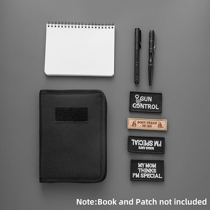 Kosibate Tactical Notebook Cover with Zipper,7.5x5 Inch OCP Military Notebook Cover, Detachable Army Field Tactical Portfolio Organizer with Flag Patch, for Protecting Notes, Book(Black, Cover Only)