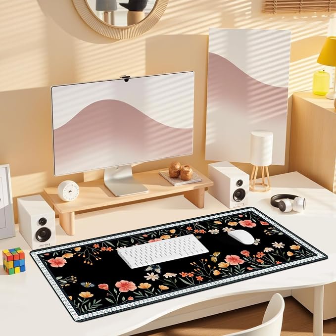 Desk Pad for Keyboard and Mouse, Large Mouse Pad for Desk, Non-Slip Keyboard Mat, Computer Mats for Desk, Cute Desk Pad with Stitched Edges for Office, Gaming I Black Butterflies Flowers