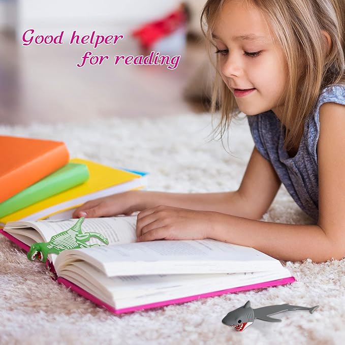 2 Pieces Shark Bookmark for Kids Boys Dinosaur Giant Cool Childrens 3D Luminous Cartoon Animal Bookmark, School Supplies(Dinosaur and Shark Style)