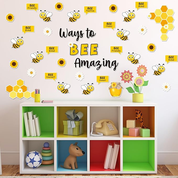 JarThenaAMCS 88Pcs Bee Bulletin Board Decorations Summer Bee Daisy Sunflower Cutouts Inspirational Quotes Name Tags for Back to School Classroom Chalkboard Wall Office Home Decor