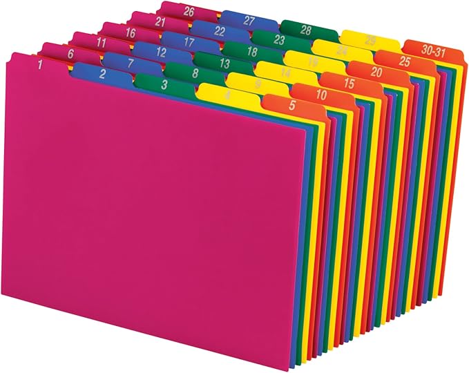 Pendaflex 40143 Top Tab File Guides, Daily/1-31, 1/5 Tab, Polypropylene, Letter (Set of 31), Blue, Green, Magenta, Strawberry, Yellow