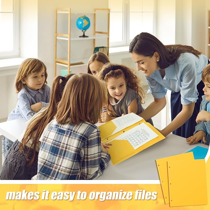 Yeaqee 50 Pcs Plastic Folders with Pockets Bulk 3 Hole Punched 2 Pocket File Folders for 3 Ring Binder Divider Folder for Notebooks, Durable Poly for Office Home (Yellow)