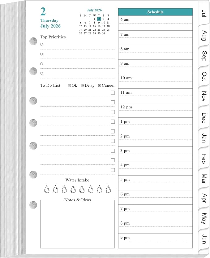 2026-2027 Planner Refills - One Page Per Day Daily & Monthly Planner, July 2026-June 2027, 7-Hole Punched,Prioritized, To-Do List, Notes, Appointment Schedule, Desk Size 4, 5.8" x 8.3"