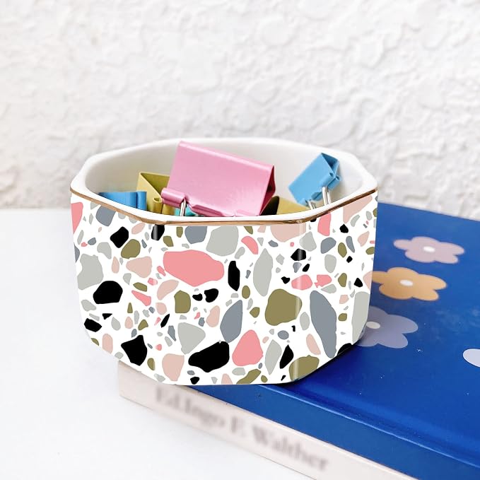 Ceramic Paper Clip Holder Gold Line Paper Clip Dispenser Organizer for Desk Cute Terrazzo Marble Pattern Office Binder Clip Holder Bobby Pin and Hair Clip Holder Gift for Office Pink