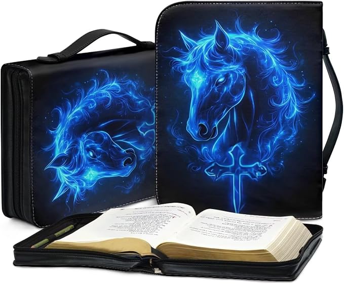 Bible Covers for Women with Handle Blue Horse Cross Lightweight Large Bible Tote Bag for Man Waterproof Multi-Functional Man Bible Carrying Case