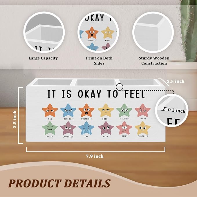 WODMIS Mental Health Classroom Pen Pencil Holder for Desk, It Is Okay to Feel Emotions Chart Wooden Box Organizer Decorations for Classroom Therapy School Counselor Office Desk Accessories Tabletop