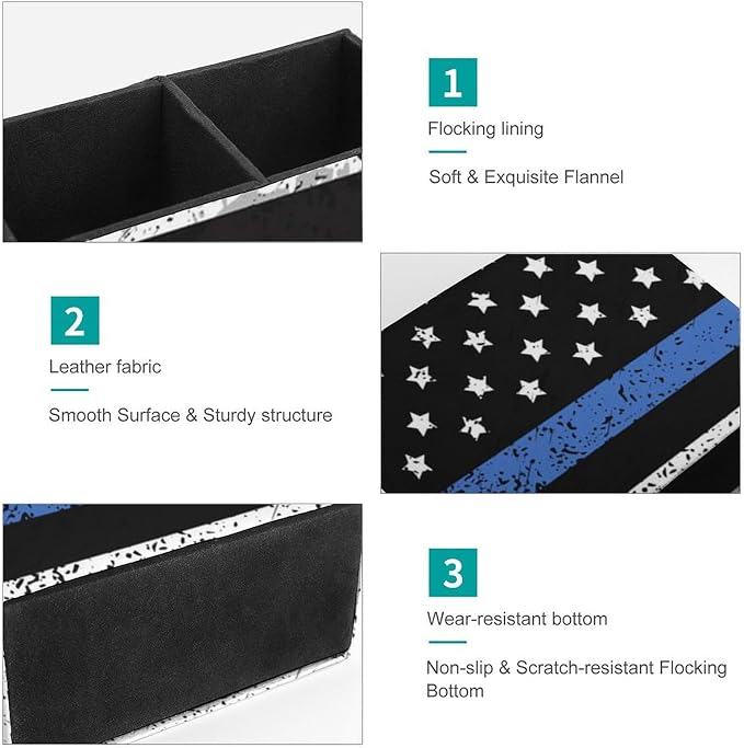 Office Storage Pen Holder Thin Blue Line Retro American Flag Police Pattern Black, Decoration Office Desk Square Pens Pencils Holder, Pencil Desk Organizer in PU Leather, Pencil Container