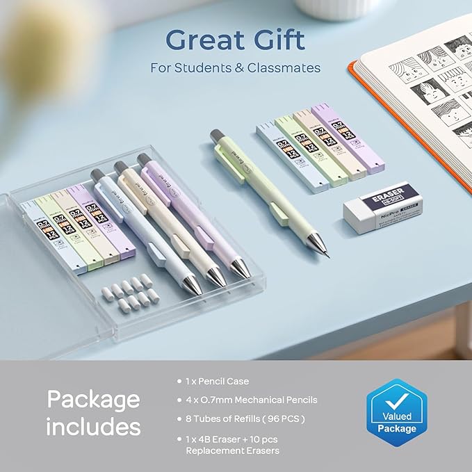 Nicpro 4 PCS Pastel Mechanical Pencil 0.7mm, Cute Fast Click Mechanical Pencils Set with 8 Tubes HB Lead Refills, Erasers, Eraser Refills for School, Student Writing, Drawing, Sketching - with Case