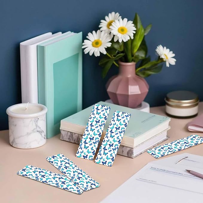 Blue Butterflies Bookmarks 5 Pcs with Tassels Insect Shiny Wooden Bookmarks for Reading Women Students Teacher Reader