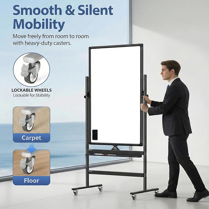 40" x 28" Double-Sided Mobile Whiteboard with Wheels | Rolling Magnetic Dry Erase Board on Stand | Adjustable Height Black Frame White Board for Office, Classroom & Home