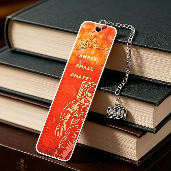 Project Hail Mary Inspired Metal Bookmark with Chain, Double-Sided Printed Stainless Steel Bookmark, Space Astronaut Design, Book Charm Pendant, Reading Gift for Sci-Fi Fans, Book Lovers(Project C)