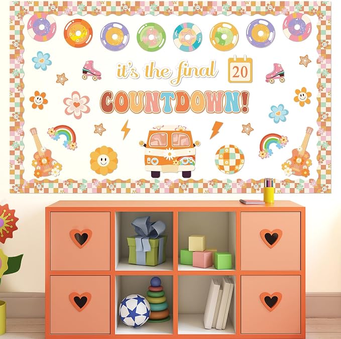 gisgfim Countdown to Summer Classroom Bulletin Board Decorations Set Groovy Hippie End of The Year Cutouts May It's The Final Retro Bulletin Board for Classroom Home Wall Decor Supplies