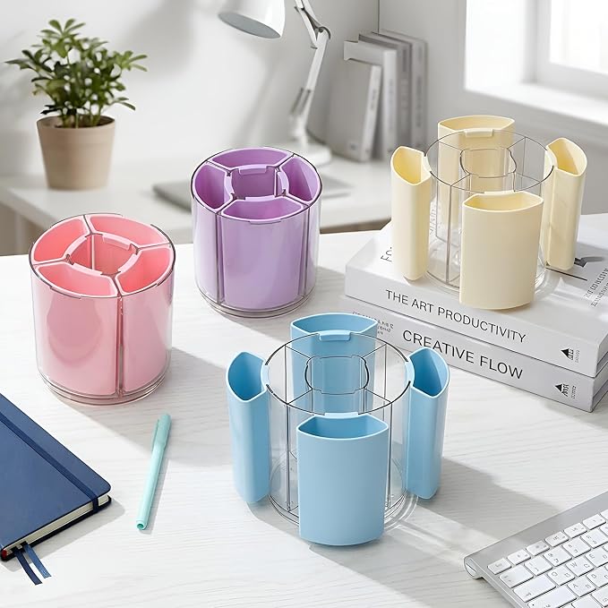 Comix 360° Rotating Pen Holder for Desk, Cute Pencil Holder Pen Organizer, Blue Acrylic Pencil Cup Caddy with 5 Slots for Home School Office Supplies