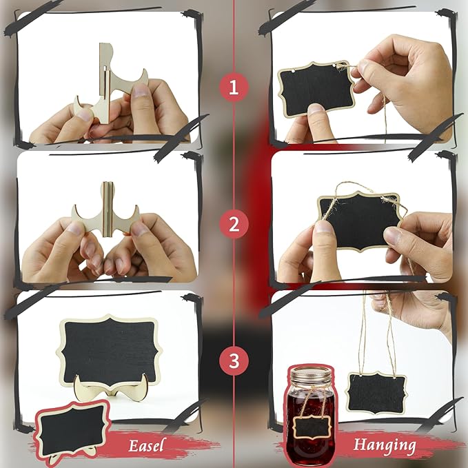 40 Pack Mini Chalkboard Signs - 20 Easel Stand & 20 Hanging Tags with 2 Markers, Wooden Food Labels for Buffet, Party, Wedding, Place Cards, Table Numbers Decor