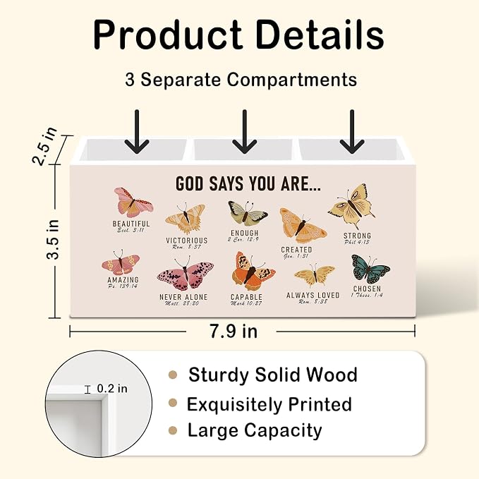 Christian God Says You Are Pen Pencil Holder for Desk, Christian Gifts for Women, Butterfly Office Desk Accessories, Butterfly Bible Makeup Brush Holders Organizer for Bathroom Classroom