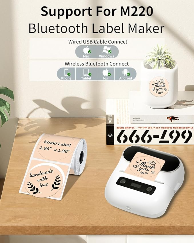 Phomemo Circle Label for M110/M110S/M120/M200/M220 Label Maker, 1.96" x 1.96"(50x50 mm) Round Thermal Labels for Barcode Labels, DIY Logo Design, Black on Khaki