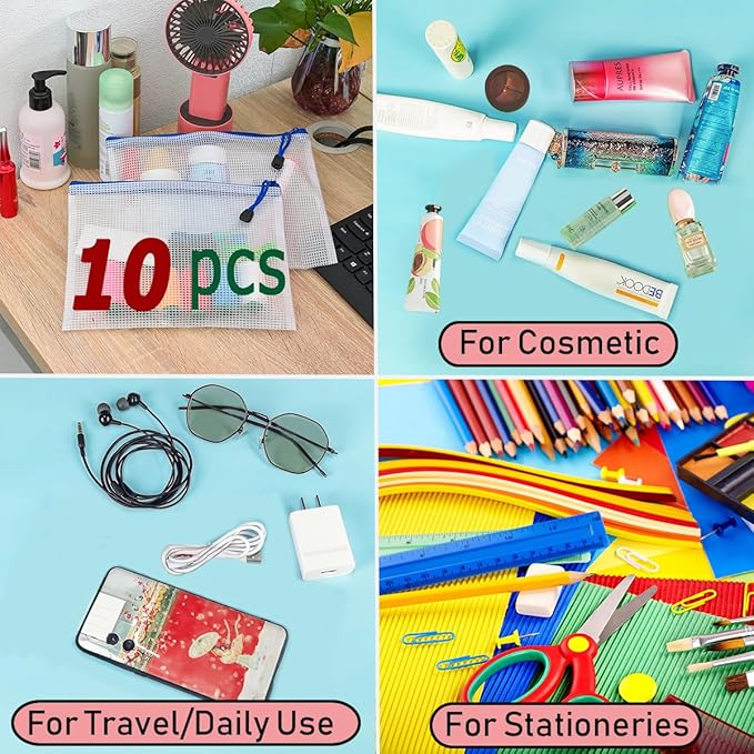 10 Pcs Zipper File Bags, Waterproof Plastic Mesh Pouch for Office School, Board Game Storage Bags (A5 Size 9.2''x6.7'', White and Blue)